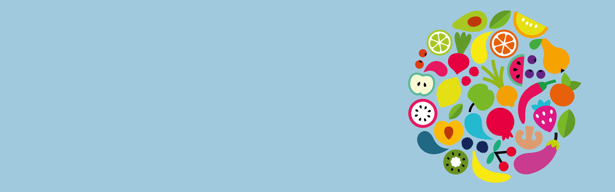 Illustration över frukter och grönsaker i en cirkel