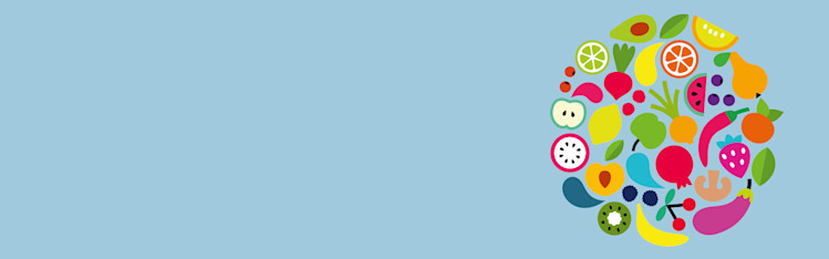 Illustration över frukter och grönsaker i en cirkel