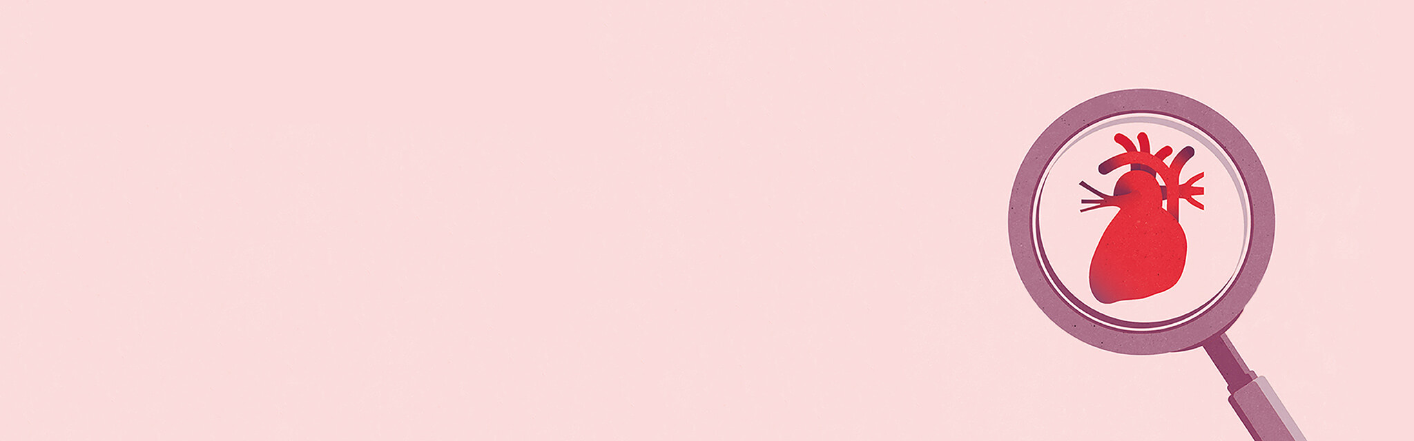 Illustration över förstoringsglas, hjärta och rosa bakgrund.
