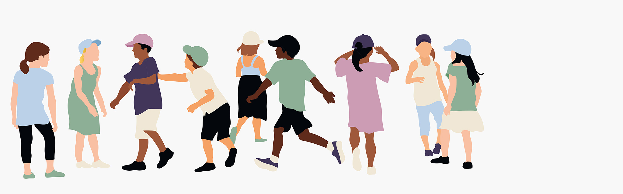 Illustration över barn som leker tillsammans. De flesta har färgglada kepsar på sig.