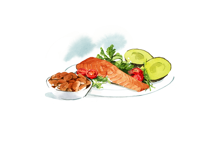 Illustration över hälsosam mat som sallad, nötter fisk