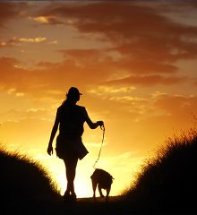 Kvinna med hund på promenad i solnedgången