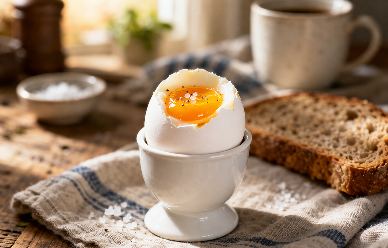 Ägg i äggkopp på frukostbord