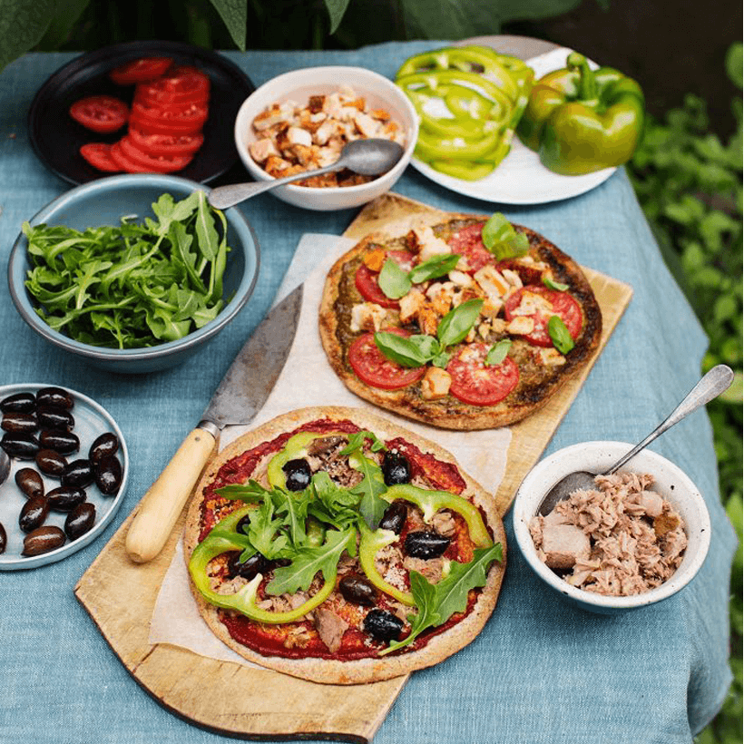 Tortillapizza med olika toppingar