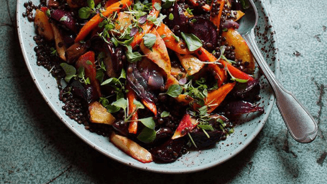 Senapsmarinerade rotfrukter med puylinser