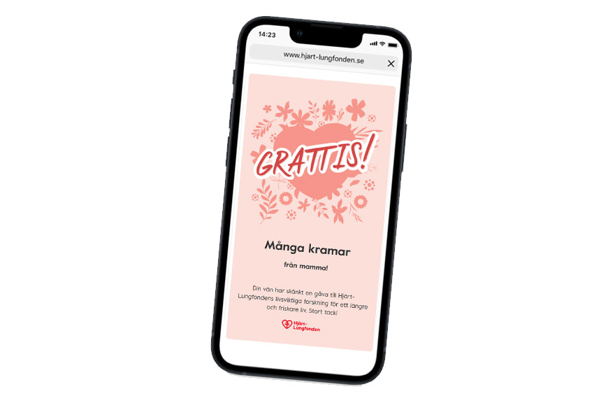 Mobiltelefon med texten Grattis! Många kramar från mamma.