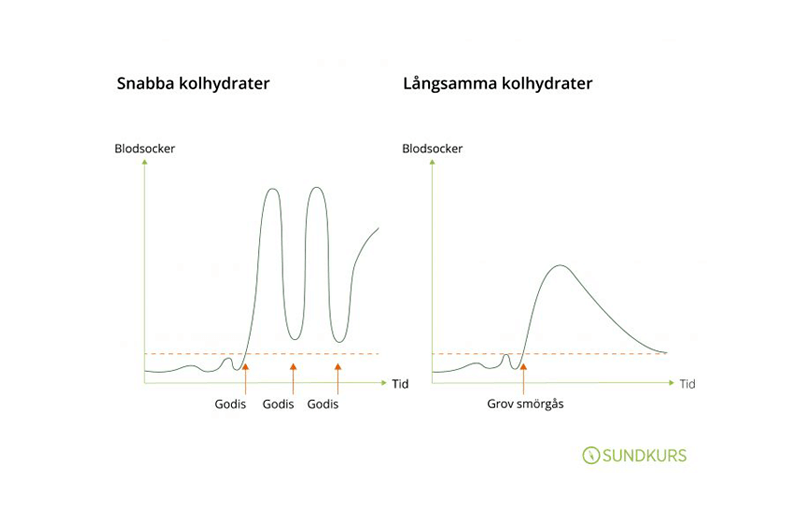 Blodsockrets kurva vid snabba respektive långsamma kolhydrater