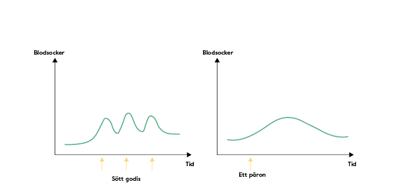 Blodsockrets kurva vid snabba respektive långsamma kolhydrater