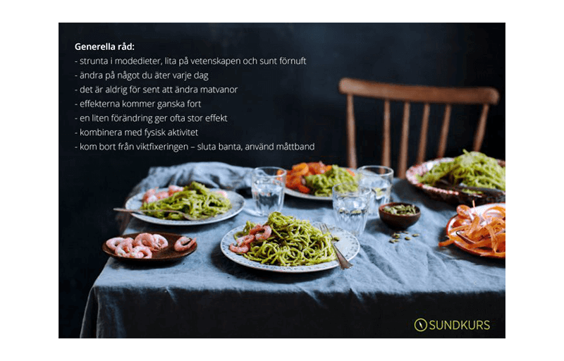 Ett dukat bord och text med generella råd om matvanor