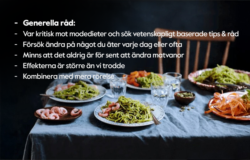 Ett dukat bord och text med generella råd om matvanor