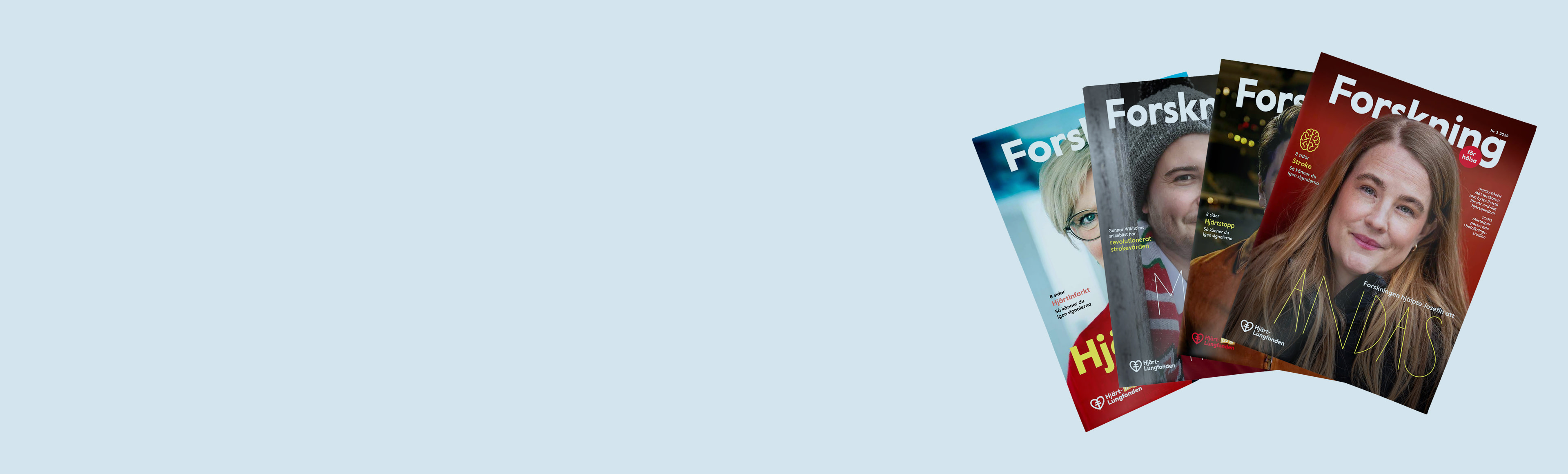 Fyra Forskning för hälsa-tidningar bredvid varandra.