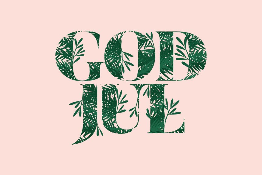 Illustration, rosa och grön, med texten God Jul.