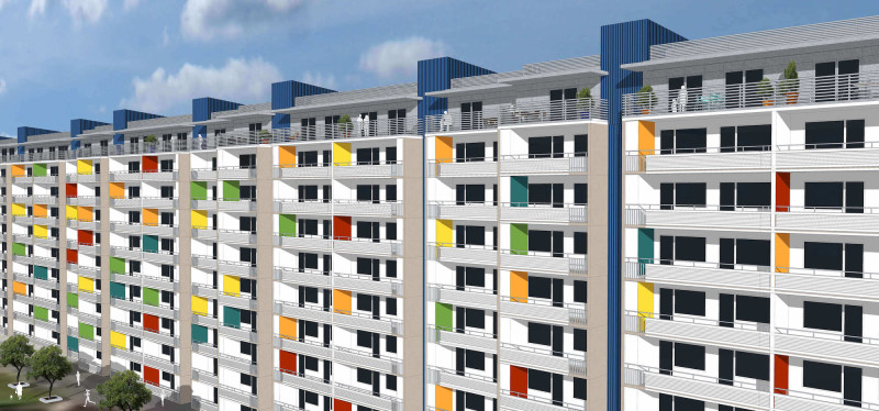 Lägenhetskomplex med färgglada detaljer