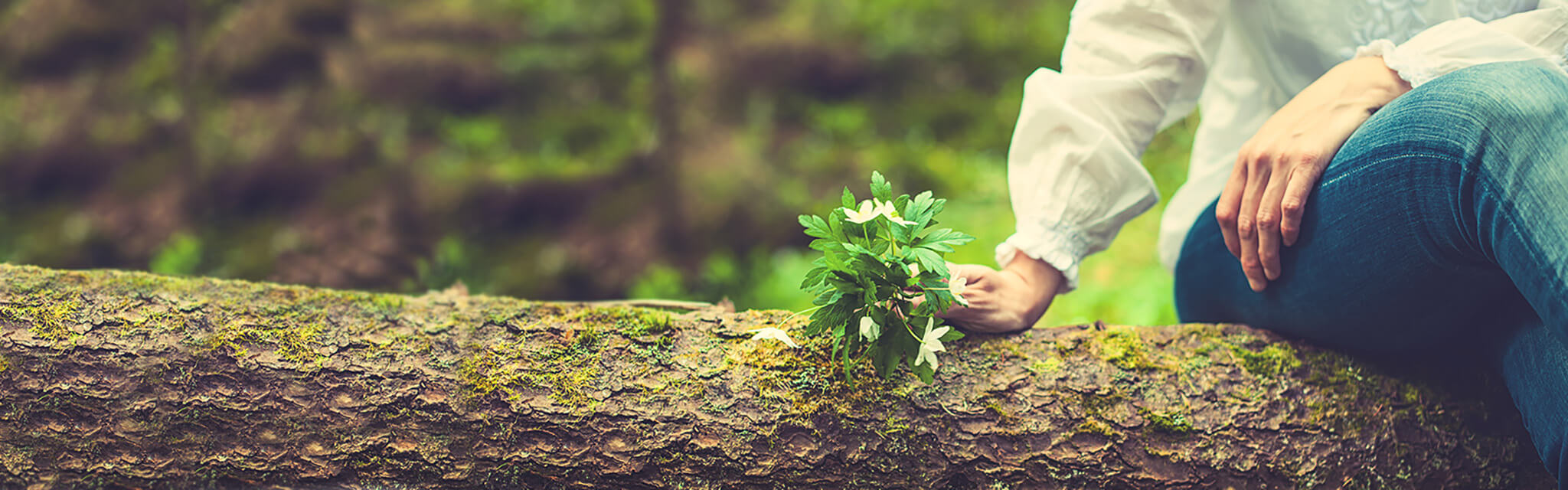Kvinna sitter på en trädstam med en bukett vitsippor.