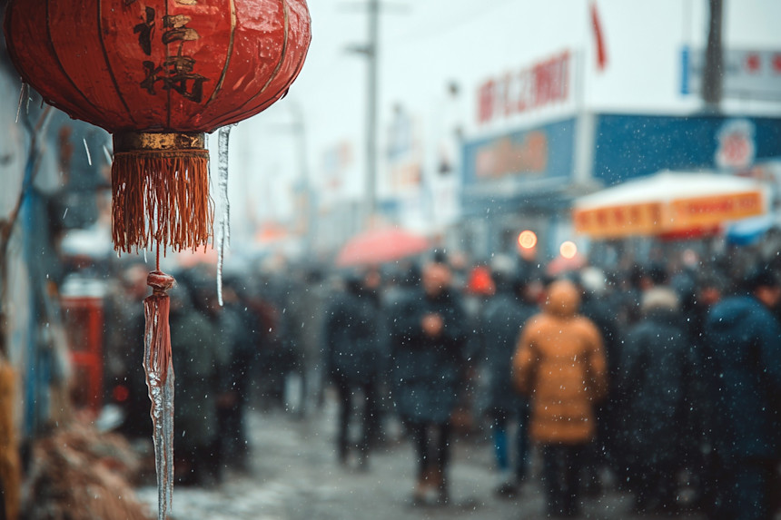 Rislampa och männsikor på gata i Kina