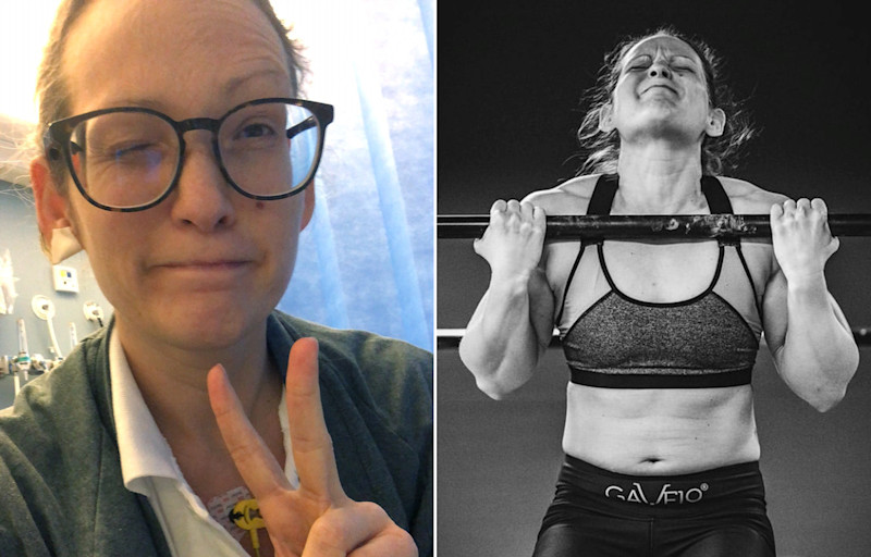 Annie Wide tittar in i kameran och lyfter vikter.