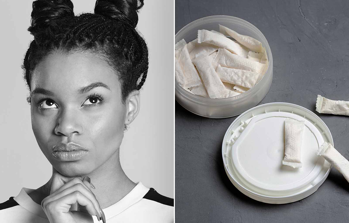 Ung tjej ser fundersam ut. Snusdosa med vitt snus.