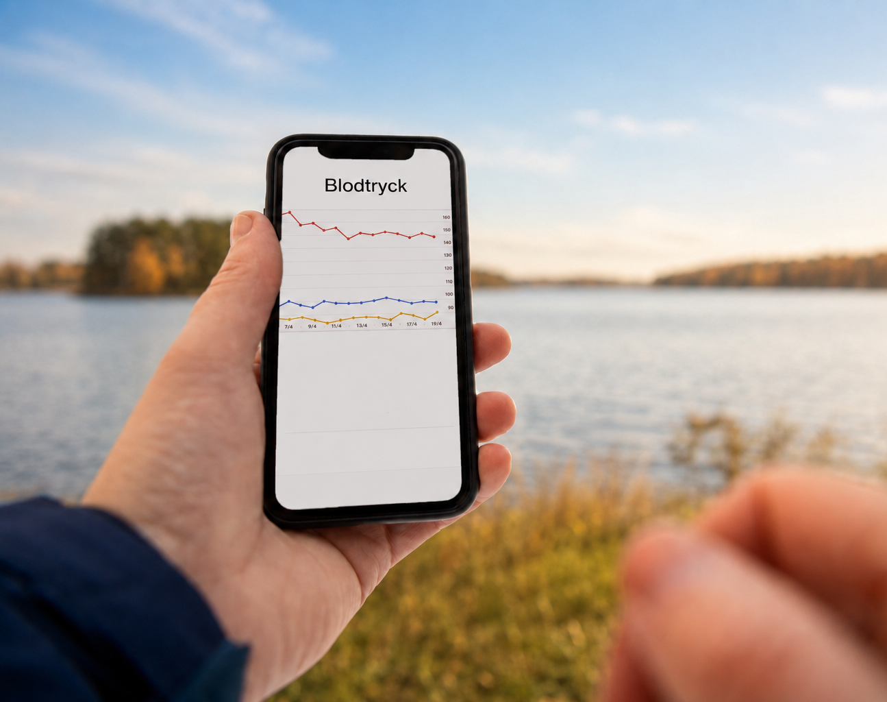 Telefon där en man har mätt sitt blodtryck i app