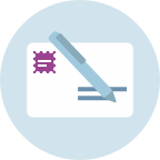 Ikon, frankerat brev och penna.