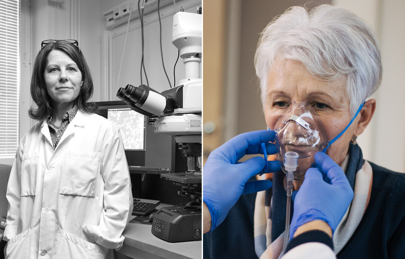 Forskaren Åsa Wheelock. Patient med syrgasmask på sig.