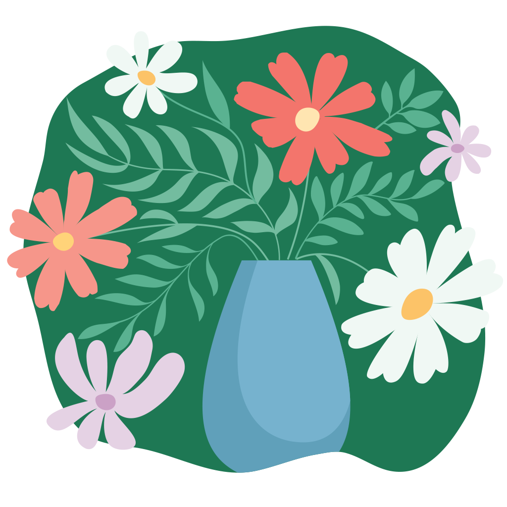 Illustration blå blomvas mot grön bakgrund