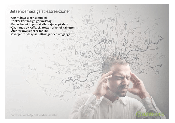 Stressad person med grafik som visar röriga tankar