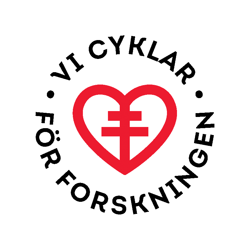 Märke med texten: Vi cyklar för forskningen