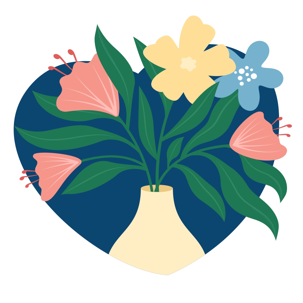 Illustration blomvas på en blå bakgrund formad som ett hjärta