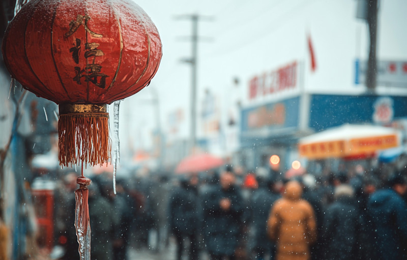 Rislampa och människor på en gata i Kina