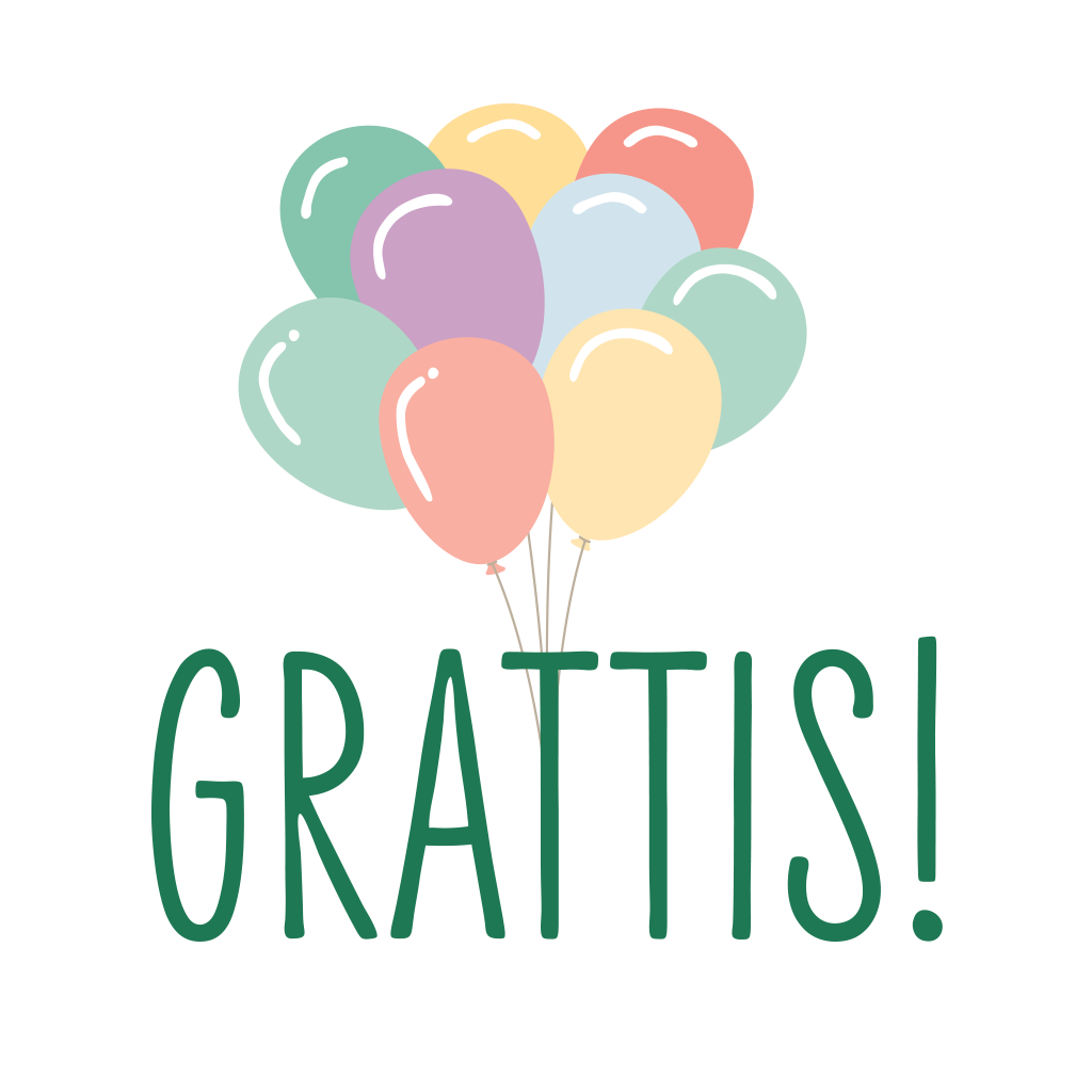 Illustration ballongbukett med texten grattis nedanför