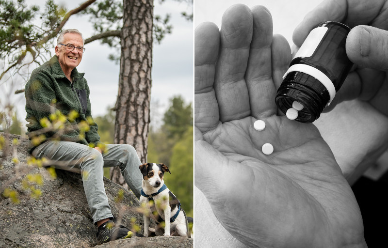 Kalle Österlund sitter på en sten i skogen med sin hund. Person häller ut piller från burk i sin handflata.