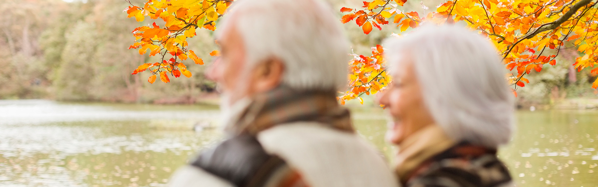 Pensionärer står under träd med fina höstfärger