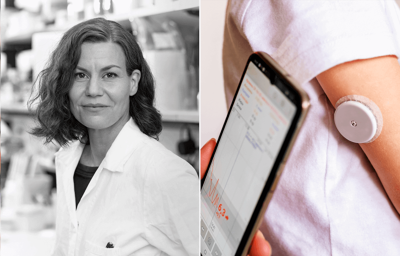 Forskaren Emma Ahlqvist. Arm med diabetes sensor.