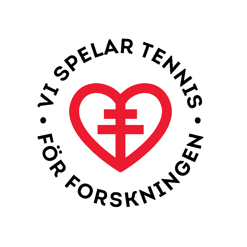 Märke med texten: Vi spelar tennis för forskningen.