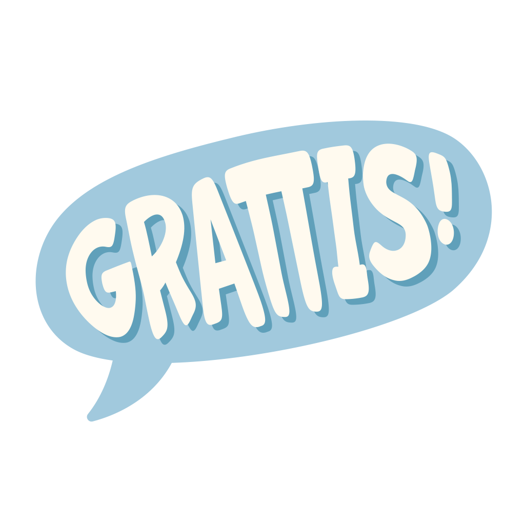 Illustration blå pratbubbla med texten grattis