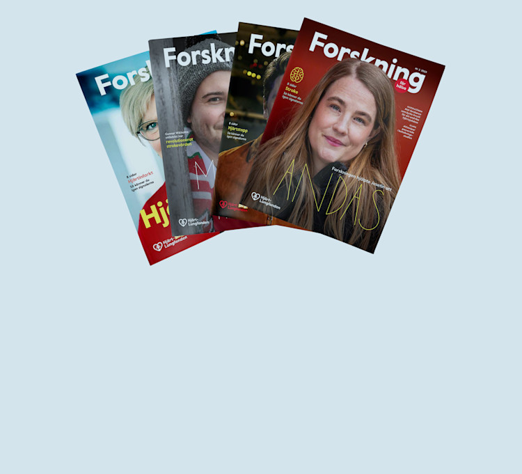 Fyra Forskning för hälsa-tidningar bredvid varandra.