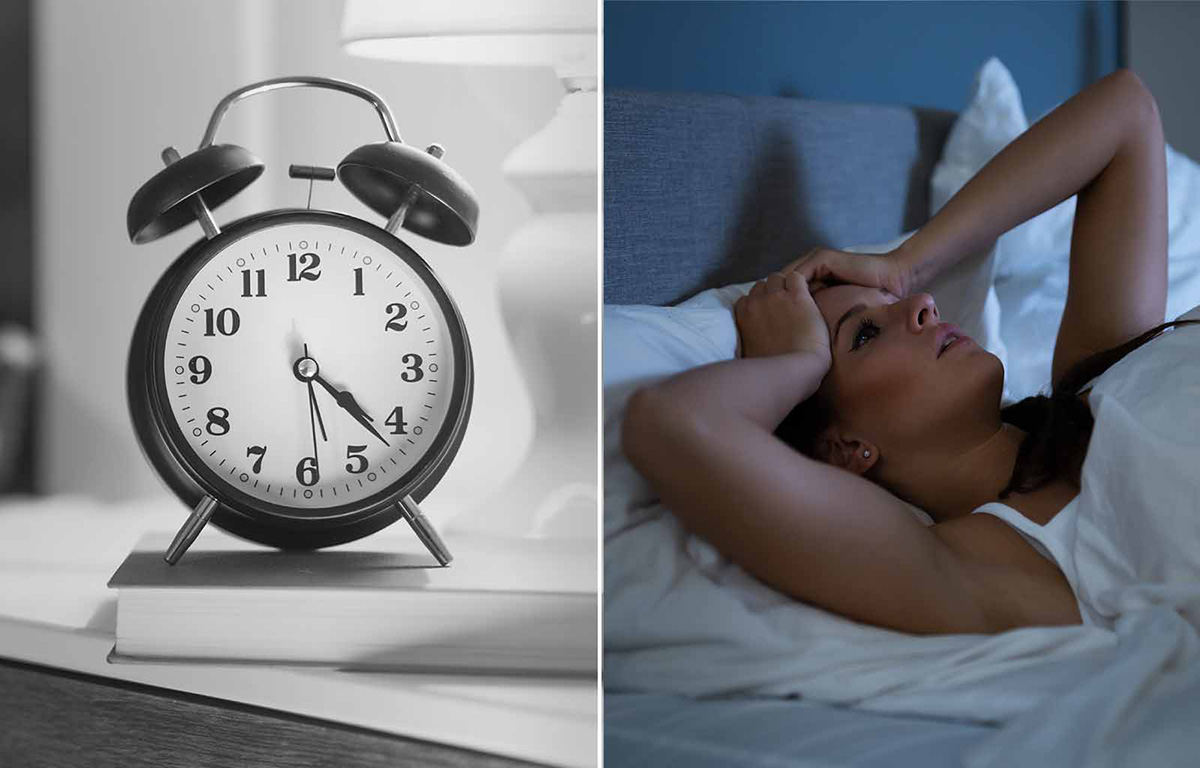 Väckarklocka. Kvinna som ligger i sängen.