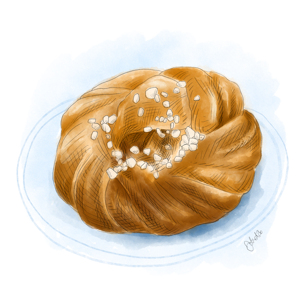 Illustration över kanelbulle med pärlsocker