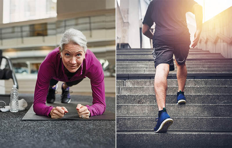 Splitbild med kvinna som gör plankan och en man i trappa