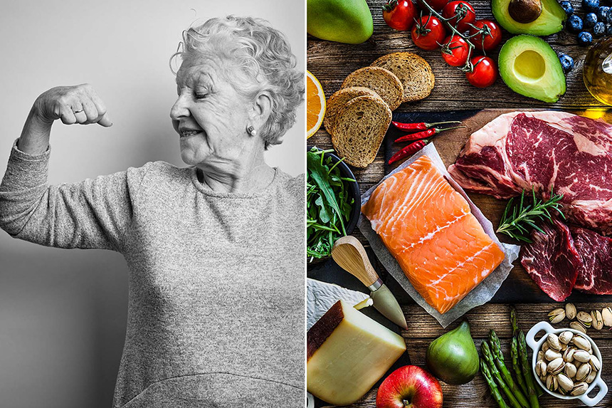 Kvinna spänner musklerna - Bricka full med mat och grönsaker