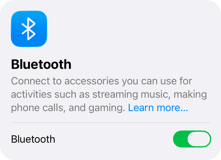 iOS Bluetooth settings card with Bluetooth toggled on