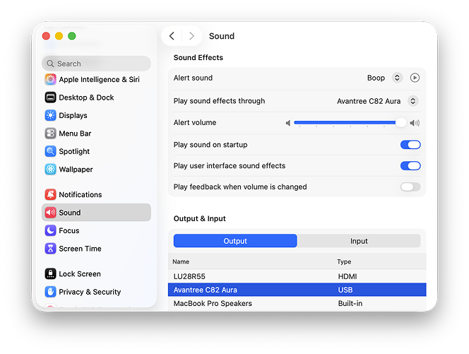 macOS System Settings — Sound, with Avantree C82 Aura selected as output