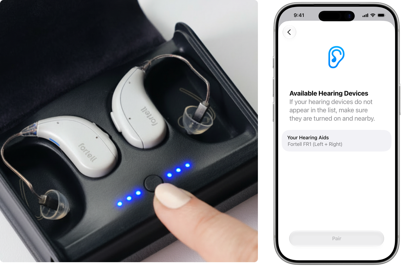 Pressing the case button, and the hearing aids appearing on iOS 27