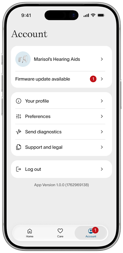 Fortell app — Account screen with “Firmware update available” listed
