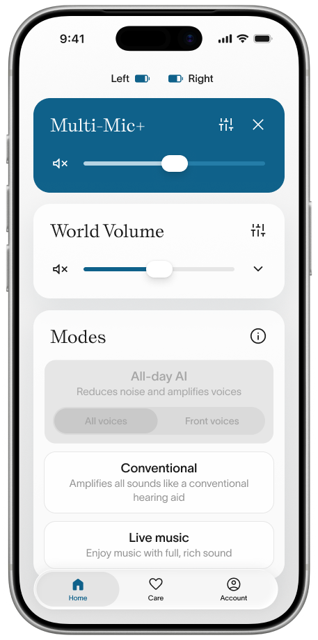 Fortell app — Home with the Multi-Mic+ stream card and volume slider
