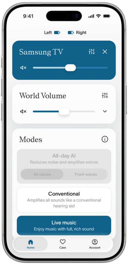 Fortell app — Home tab with the Auracast™ stream playing