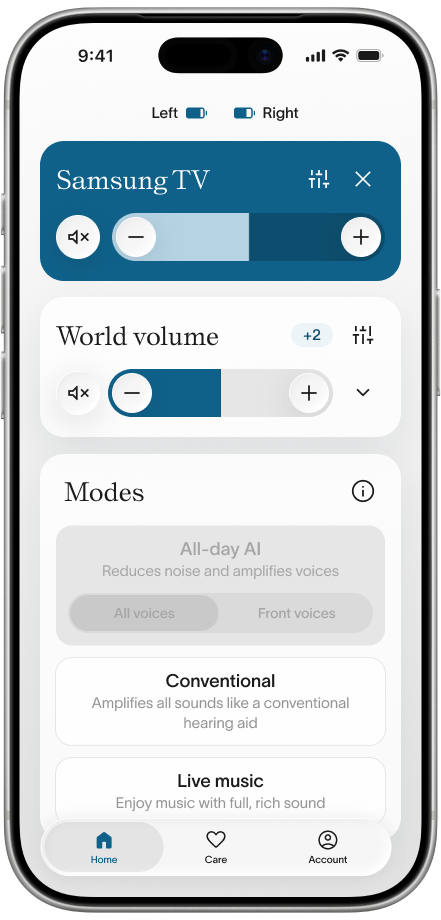 Fortell app — Home tab with the Auracast™ stream playing