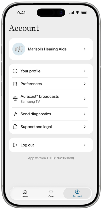 Fortell app — Account tab showing the connected broadcast