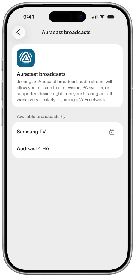 Fortell app — available Auracast™ broadcasts list