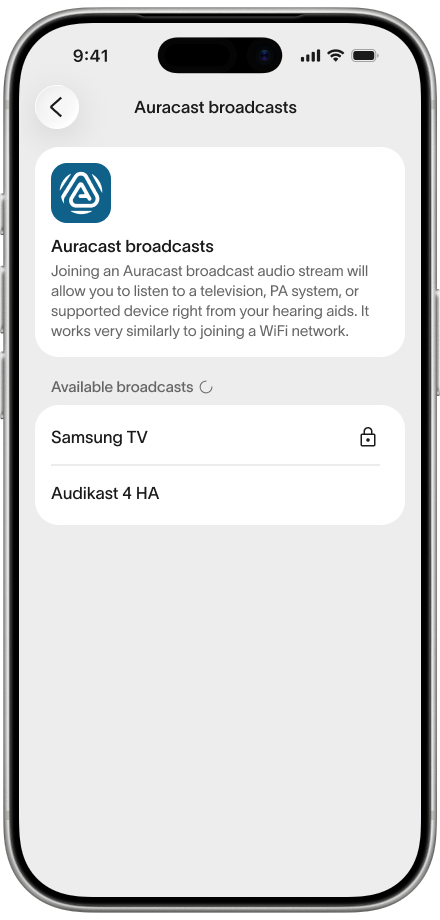 Fortell app — available Auracast™ broadcasts list